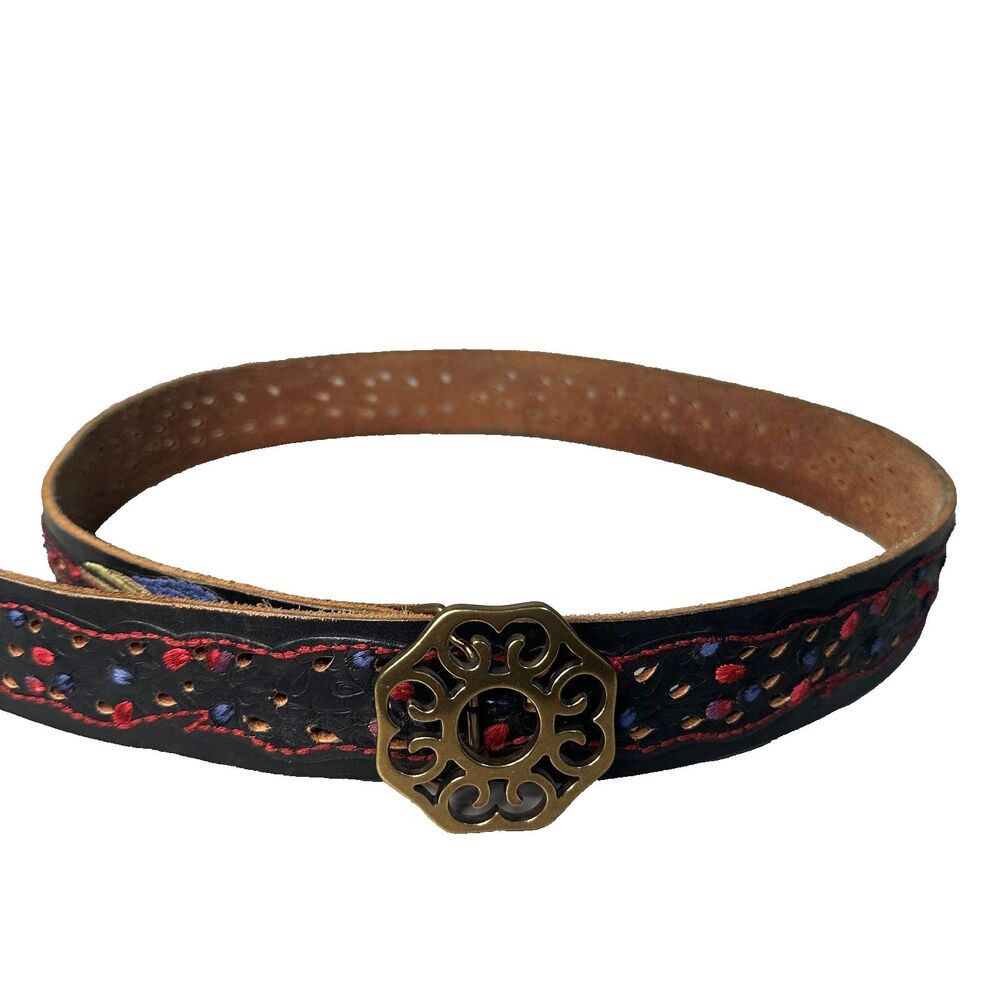 Lucky Brand Embroidered Peacock Black Leather Belt Large Studs Boho